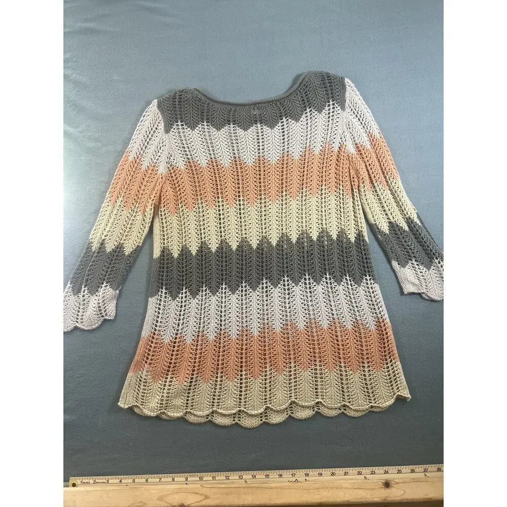 XL - St John's Bay Ladies Pullover Sweater L Multicolor 3/4 Sleeve Open Knit